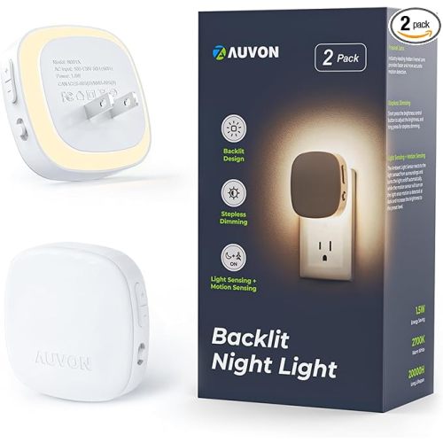 AUVON Plug-in LED Backlit Night Light with Motion Sensor & Dusk to Dawn Sensor, Dimmable Warm White Nightlight with 1-50 lm Adjustable Brightness for Bathroom, Bedroom, Hallway, Stairs (2 Pack)