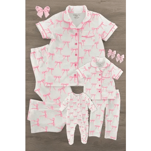 Blushing Bows Waffle Knit Pajamas Sparkle In Pink