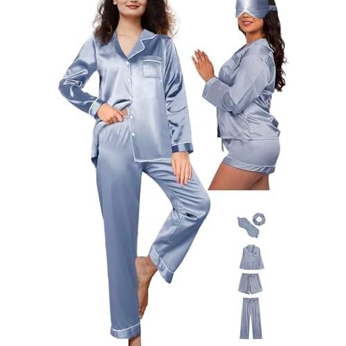 WJing Yi Jia 5Pcs XS-XXL Womens Silk Satin Pajamas Sets Long Pj Sets Button Down Pjs Set Loungewear Sleepwear