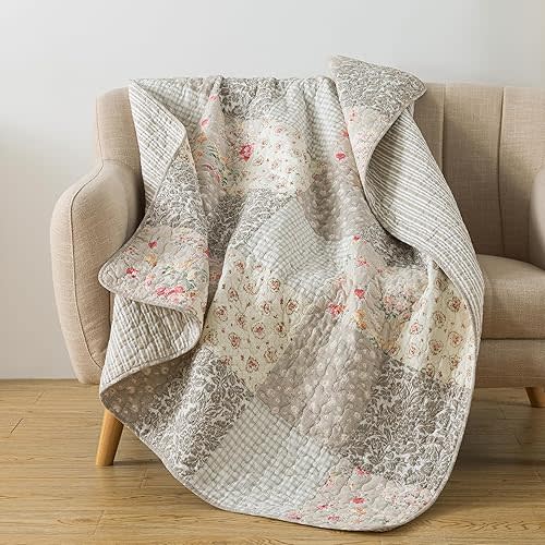 SLPR Cotton Quilted Throw Blanket, 50" x 60" Floral Farmhouse Patchwork Quilt, Shabby Chic Patchwork Throw Lap Quilt for Couch, Walk in The Cotswolds