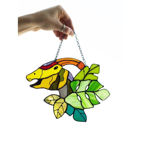 Suncatcher Dinosaur Parasaurolophus Stained glass Nature Ornament Monstera Animal Home House Wall Window Hanging Decor Decoration