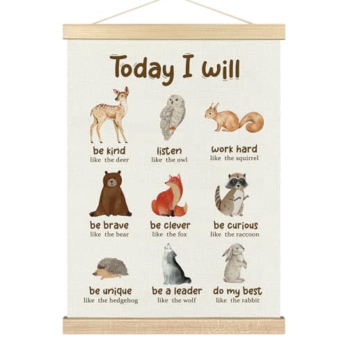 BCUANGD Positive Affirmations Wall Decor - Inspirational Woodland Animals Wall Art Poster Hanger with Wood Frames, Neutral Mental Health Wall Hanging Canvas Decor for Home Kids Room, 12x16 Inches