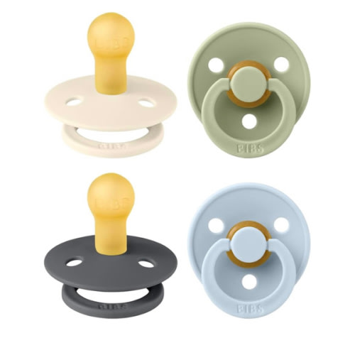 BIBS Color Pacifiers 4-Pack | BPA Free Soother Pacifier | Round Nipple | Natural Rubber Latex | Made in Europe | Size 0-6 Months | Iron Mix