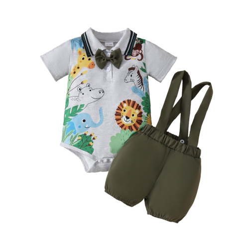 Jamsmile Newborn Boys Outfit Sets Short Sleeve Cartoon Romper Bodysuits with Suspenders Shorts Infant Boys Clothes Sets, 0-3 Monthss