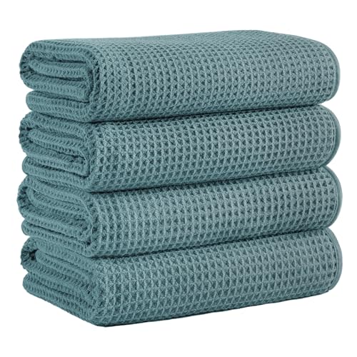 MICROFI Microfiber Waffle Bath Towels, 4 Pieces, Soft, Absorbent, Fast Drying, Lint Free 430 GSM (Green)