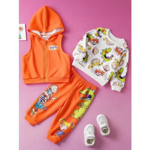 Nick 90s | SHEIN 3pcs Baby Boy Cute Cartoon Figure Graphic Crew Neck Long Sleeve Sweatshirt + Hooded Vest + Dinosaur Print Knit Pants Set Fall Winter | SHEIN USA