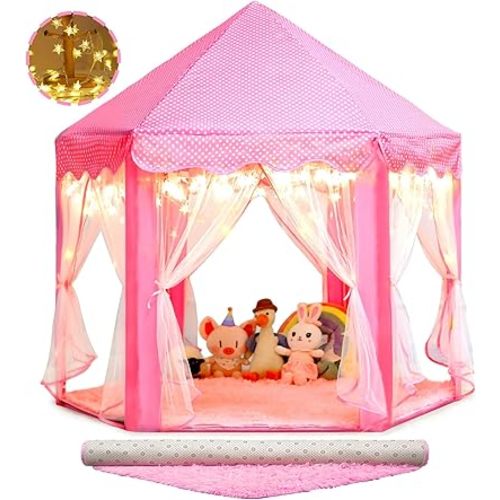 Princess Castle Tent with Rug for Girls Fairy Play Tents for Kids Hexagon Playhouse with Fairy Star Lights Toys for Children or Toddlers Indoor Games (Pink Princess Tent with Rug)