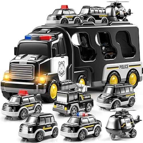 Police Truck Toy for 3-9 Years Old Boys & Girls - 7 in 1 Black Carrier Vehicle Set with 5 Toy Cars & 1 Helicopter, Friction Powered Car for Kids Age 1-3, Birthday Gifts for Toddlers 3-5