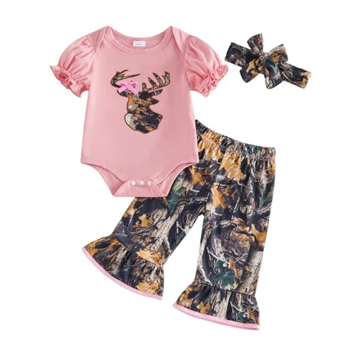 Newborn Baby Girl Hunting Clothes Deer Puff Short Sleeve Romper Jungle Camo Flare Pants Set 3 Piece Summer Outfit