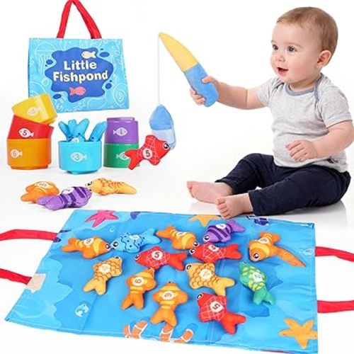 Fishing Game for Toddlers 1-3, Montessori Fishing Toy Set with 29PCS Cloth Fish & Stacking Cups, Educational Toys for Number & Color Sorting, Birthday Gifts for 1 2 3 Year Old Boys Girls
