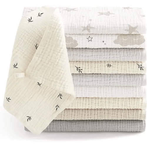 Bearmoss Muslin Baby Washcloths 100% Cotton Bath Wash Cloth Large Burp Cloth Baby Face Towel for Newborn Baby Boy Girl, 10x10inch 10Pack (Neutral)