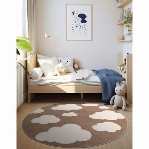 Unique Loom Whimsy Kids Collection Area Rug - Clouds (4' 1" Round Hazelnut Beige/Ivory)