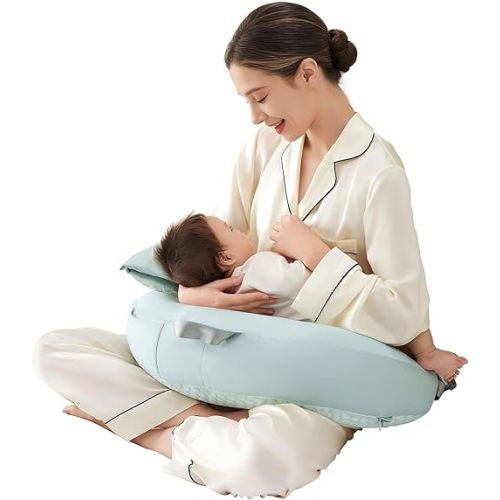 CrystCare Nursing Pillow for Breastfeeding & Bottle Feeding –Breastfeeding Pillow with Adjustable Waist Strap - Gentle Elevation for Reducing Spit-Up, Reflux & Gas | Breathable Washable Cover（Green）