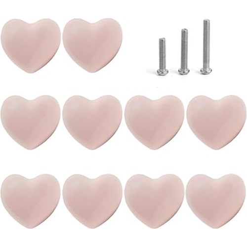 Ceramic Drawer Knobs Heart Shape Cabinet Dresser Pulls Handles with 3 Sized Screws, Kitchen Furniture Knobs for Closet Cupboard Wardrobe (10 Pack, Power Pink)