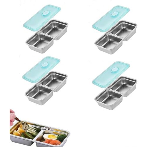 Grab and Go Stainless Steel Double Compartment Snack Containers, Reusable with Lids, Secure-Lid Lunch Box for Snacks, Dips, Travel, Takeout & Outdoor Camping (4pcs)