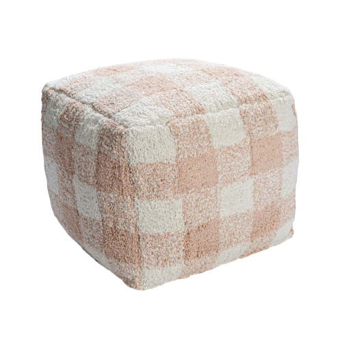Creative Co-Op Cotton Tufted Pouf with Plaid Pattern, Blush and Cream