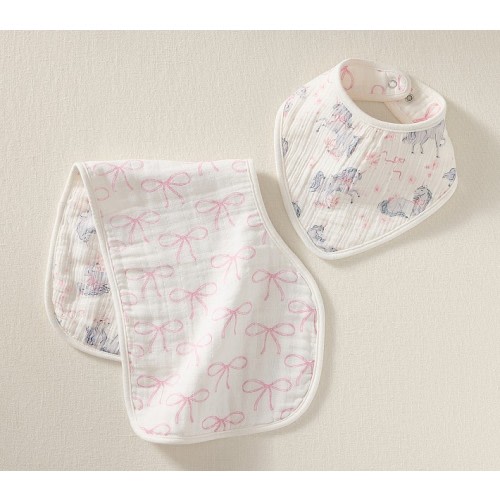 Unicorn Bows Reversible Organic Muslin Bib & Burp Set