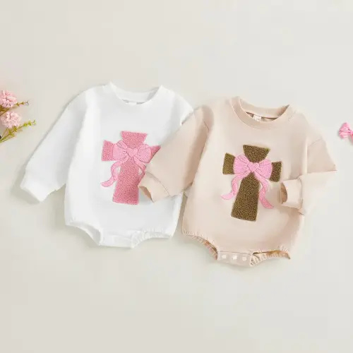 Infant Baby Girl Sweatshirt Romper Long Sleeve Bow Cross Embroidery - TikTok Shop