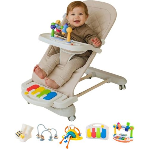 Cuddo Baby Bouncer Montessori| Sensory Toy, Piano, Tray, Rattle Socks| Khaki