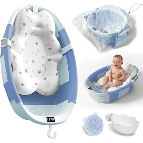 Collapsible Baby Bathtub - Large Baby Bath Tub with Thermometer | Bath Essential Bañera para Bebe Easy Fold Baby Tub | Travel Infant Newborn Toddler Bathtub for Baby Girl Boy 0 to 36 Months (Blue)