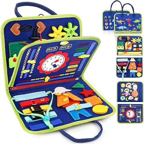 Toddler Busy Board, Montessori Sensory Toys for Boys, 1-4 Year Old Girl Toddler Travel Toys, Educational Learning Activities Board for Motor Skills, Birthday Gifts for Airplane Car, Blue Dinosaur
