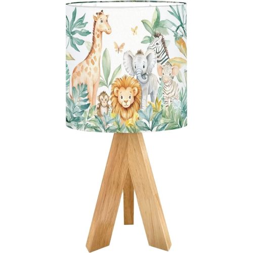 Cute Kids Bedside Desk Table Lamp Watercolor Jungle Animal Forest Lion Monkey Giraffe Zebra Lion Cub Children Nightstand Lamp, Tripod Small Night Lights Linen for Nursery Room Bedroom Dorm Decor