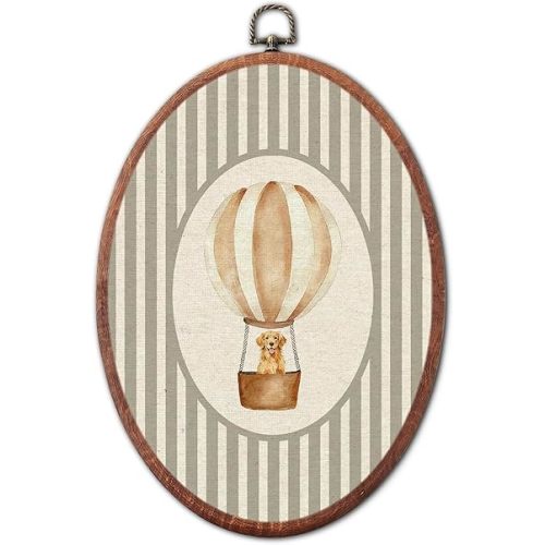 XSTWLJ Vintage Golden Retriever Nursery Oval Wall Art, Grey Striped Hot Air Balloon Canvas Prints Framed, Retro Decor Wall Art Hanging Decor for Kids Toddler Room Playroom Decoration, 8.6x11.4 Inch