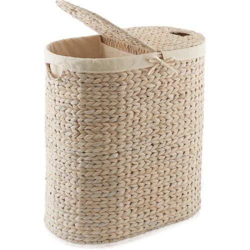 Casafield Oval Laundry Hamper with Lids and Removable Liner Bags - Whitewash, Woven Water Hyacinth 2-Section Laundry Basket Sorter for Clothes, Towels