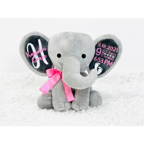 Birth Stat Personalized Plush Elephant – Keepsake Baby Gift