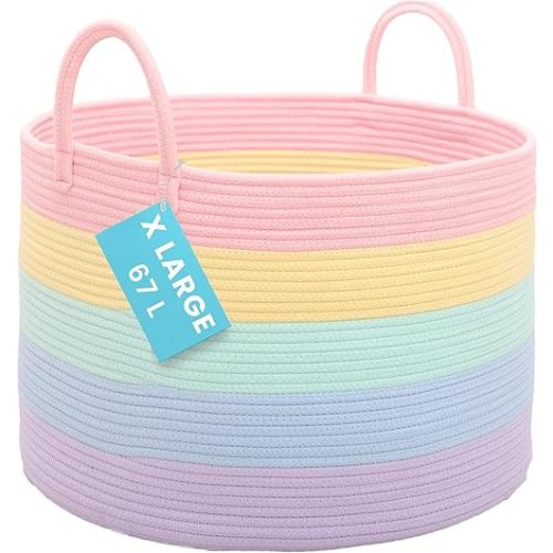 OrganiHaus Rainbow Blanket Basket for Classroom & Nursery, Extra Large Woven Laundry Basket W/Handles, Kids Toy Organizer & Storage, Soft Round Dog Toy Storage Bin, Cute Bin - 20"x13" in