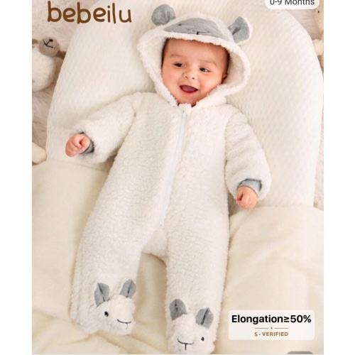 SHEIN Baby Boys Cartoon Embroidery 3D Ears Design Hooded Teddy Sleep Jumpsuit