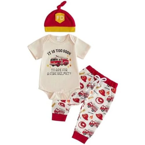 GOOCHEER Newborn Baby Boy Clothes Firefighter Police Car Short Sleeve Romper Shirt Top Pants Hat Set Summer Outfits