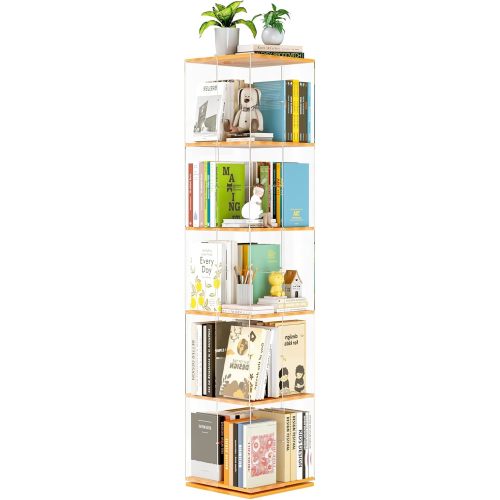 TAKEKIT 5-Tier Rotating Bookshelf, 360° Spinning Book Shelf Tower with Solid Wood & Clear Acrylic, Square Revolving Bookcase for Kids Room, Living Room, Bedroom and Office