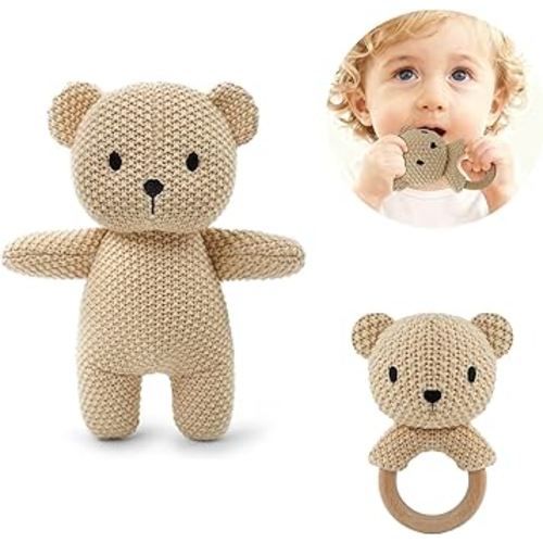 10" Crochet Bear Stuffed Animal with Rattle, Pure Cotton Soft Crochet Doll Plush Toy for Newborn, Handmade Baby Shower Gift & First Birthday Gift