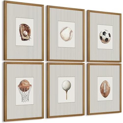 Sports Wall Art Decor Toddler Boys Room Canvas Prints Vintage Sports Nursery Wall Decor Baby Kids Poster Football Baseball Pictures Basketball Soccer Artwork for Children Bedroom 8x10x6 Inch Framed