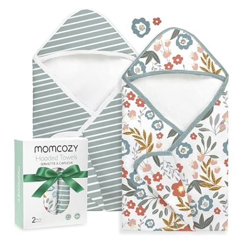 Momcozy Baby Towel with Hooded-2 Pack Soft Bath Towel Set-Shower Gifts or Bath Essential for Infant,Newborn, Toddler (28 X 28 Inch, Petite Blossom)