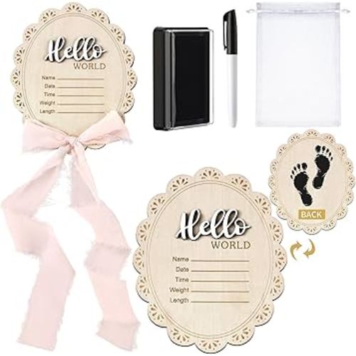 Threehoney Baby Announcement Sign 7 Inch Double Sided Wooden Hello World Newborn Engraved Sign with Organza Bag Marker Pen Ink Pad Ribbon Bow for Baby Shower Hand Footprints Photo Prop (Pink Bow)