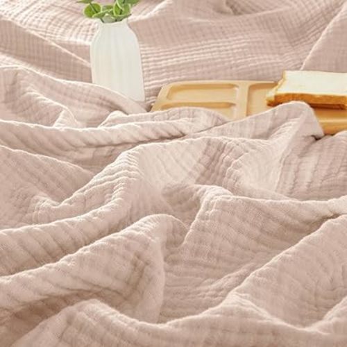 PHF 100% Cotton Muslin Blanket Queen Size 90"x90", 4-Layer Lightweight Gauze Throw, Breathable Cloud-Soft Minimalist Blanket for Bed, Couch, Camping & Baby, Dusty Pink, Ideal Gift