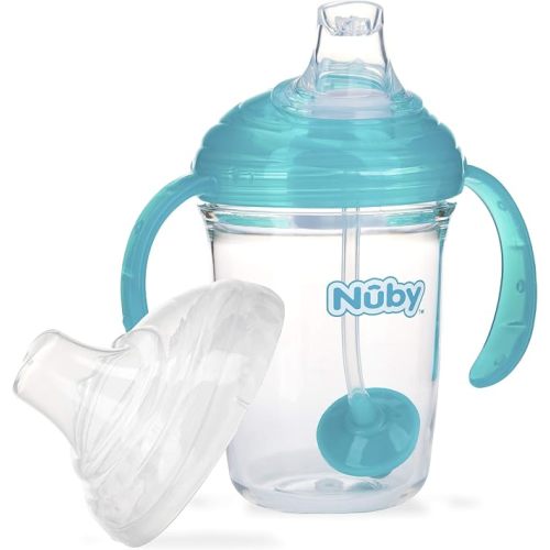 Nuby 360 Grip N' Sip Trainer Cup with Weighted Straw & Hygienic Cover - 8 oz - Spill-Resistant Baby Cup - 4+ Months - Teal