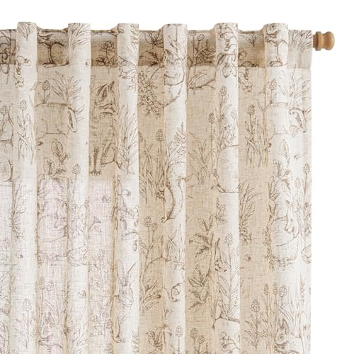 jinchan Linen Light Filtering Nursery Curtains 84 Inches Long 2 Panels | Taupe Woodland Bunny Printed Semi Sheer Drapes for Bedroom Living Room French Country Farmhouse Window Treatments