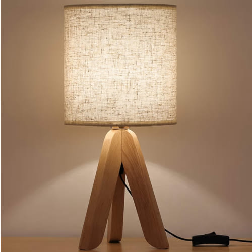 HAITRAL Small Bedside Table Lamp - Wooden Tripod Nightstand Lamp for Bedroom, Living Room, Office, Home with Fabric Linen Shade - 13.4 Inches (Without Bulb)