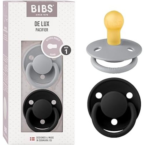 BIBS Pacifiers - De Lux Collection | BPA-Free Baby Pacifier | Made in Denmark | Set of 2 Cloud/Black Color Premium Soothers | Size 0-6 Months