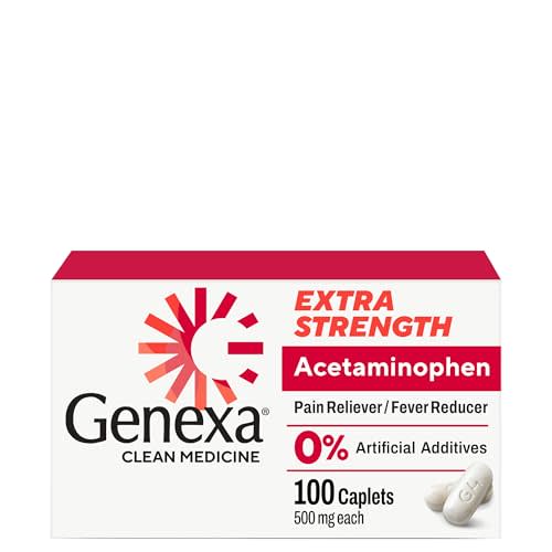 Genexa Acetaminophen 500mg Extra Strength Made Clean, 100 Tablets | Pain & Fever Medicine for Adults, Dye Free, 0% Artificial Additives, Relieves Headache, Backache, Minor Arthritis Pain