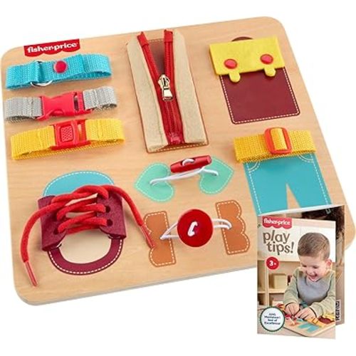 Fisher-Price Wood Montessori Toy Dressing Board, American Montessori Society Seal of Excellence, Early Life Skills Learning Busy Activity for Preschool Kids Ages 3+ Years (Amazon Exclusive)