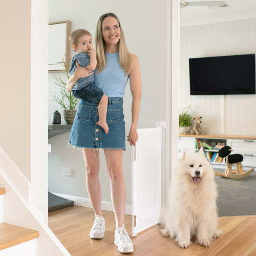 Perma Child Safety 71 in. Wide x 33 in. Tall White Retractable Baby Gate