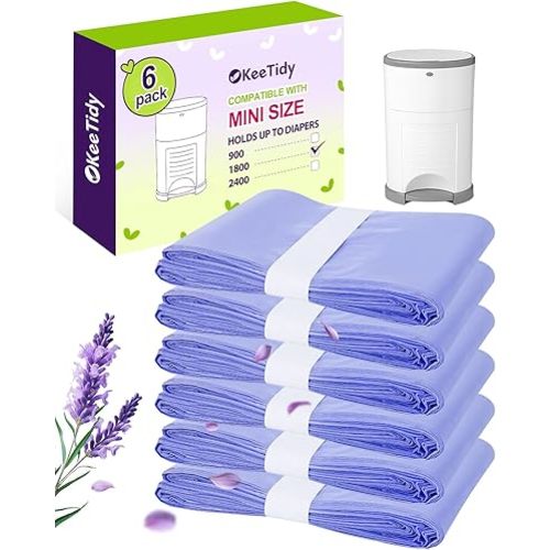 Diaper Pail Refill Bags Compatible with DEKOR MINI Diaper Pails, 20% Extra Length Diaper Bags Disposable with Lavender Flavor, Holds up to 1800 Diapers, 6 Pack
