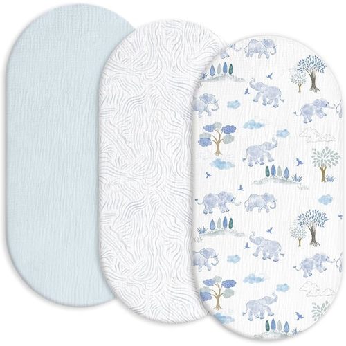 Gllquen Baby Muslin Bassinet Sheets 3 Pack, Breathable Elastic Cozy Fitted Cotton Bassinet Mattress Sheet for Baby Boy Girls, Fit for Hourglass Oval Rectangular Cradle Pad Sheets 33"x17" (Light Blue)
