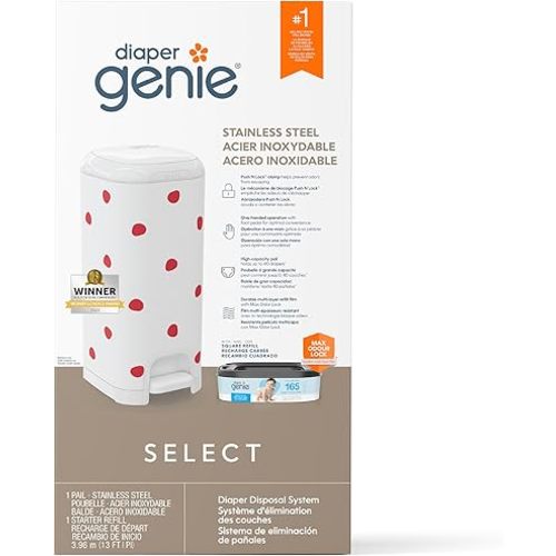 Diaper Genie Select Pail (Red Polka Dot) is Made of Durable Stainless Steel and Includes 1 Starter Square Refill That can Hold up to 165 Newborn-Sized Diapers.