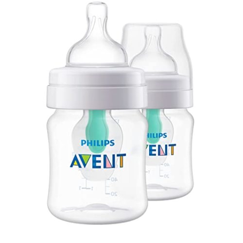 Philips Avent Anti-Colic Baby Bottle with AirFree Vent, 4oz, with Flow 1 Nipples, 0m+, 2pk, Clear, SCY701/92