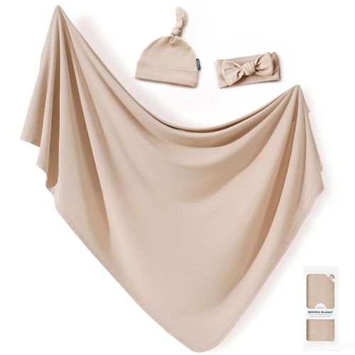 GRSSDER Newborn Swaddle Blanket, Ultra Soft Jersey Receiving Blanket with Matching Headband and Beanie Set 33×44", Stretchy Baby Neutral Swaddle Wrap for Girls and Boys